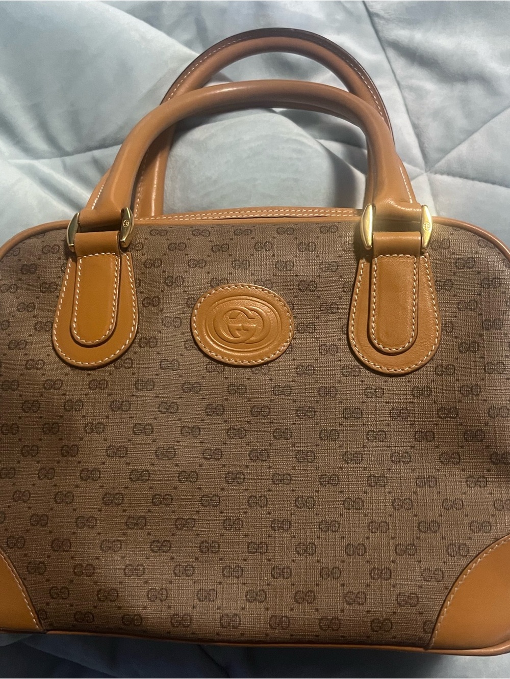 Authentic Gucci vintage micro GG Brown Logo Boston Satchel Bag Tan Leather Trim